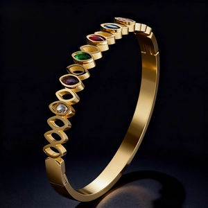 Bracelet Jonc En Acier Inoxydable Pour Femmes Plaqué Or Zircone Cubique Marquise Multicolore Géométrique Évidé Bijoux