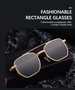 Rectangle sunglasses with metal frame and dark lenses on a black leather case