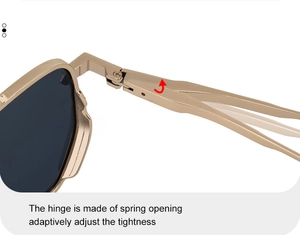 Detail of the adaptive spring hinge on metal square frame sunglasses for flexible fit