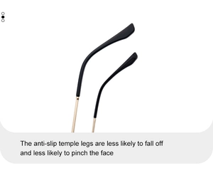 Detail of anti-slip temple tips on gold metal sunglasses frame with matte black finish
