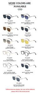 Matrix display showing eleven color options for square metal frame sunglasses and lenses