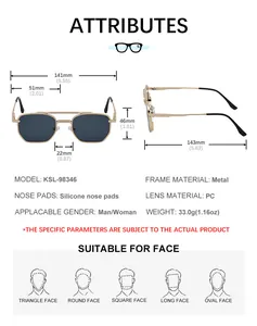 Detailed size chart for square metal sunglasses showing precise frame measurements