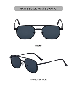 Detail of matte black hexagonal metal frame sunglasses with gray lenses and double bridge