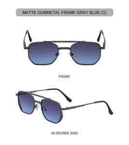 Front and 45-degree side view of matte gunmetal square sunglasses with gray blue lenses