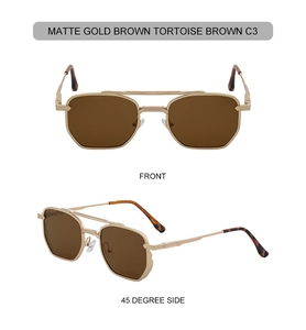 Detailed front and side view of matte gold metal square sunglasses with brown lenses
