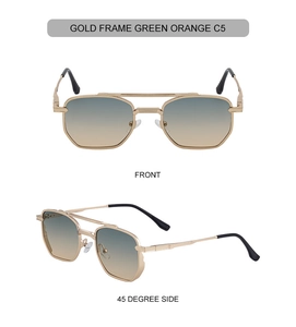 Front and 45-degree side view of gold metal square sunglasses with green orange lenses