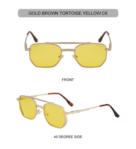 Front and side view of square metal frame sunglasses with yellow lenses and tortoise tips