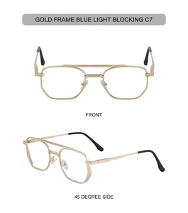 Detail view of gold metal sunglasses with double bridge and anti-blue light lenses