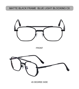 Macro detail of matte black geometric metal frame with double bridge and anti-blue light lens