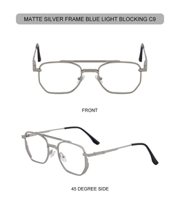 Matte silver square metal frame glasses with blue light blocking lenses and double bridge