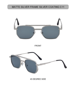 Detailed front and side views of matte silver hexagonal sunglasses with metal frame