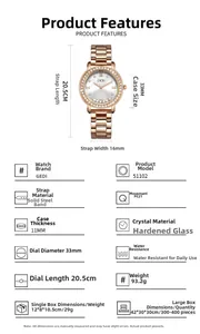 Detailed dimension chart for rose gold quartz watch with 33mm dial and steel strap