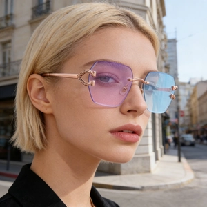 Rimless Rectangle Sunglasses Women Photochromic PC Lenses Metal Frame Rhinestone C Decor UV400 Fashion Eyewear