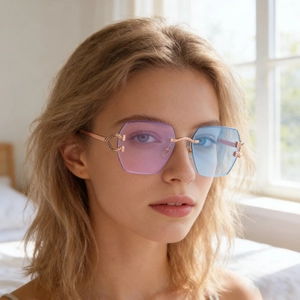 Chic rimless sunglasses with pink-blue gradient lenses and rose gold metal frame for women