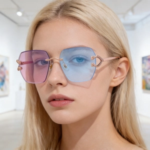 Close-up of rimless gradient hexagonal sunglasses with C-shape metal hardware on a model