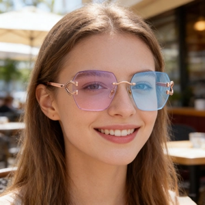 Detailed view of luxury rimless sunglasses featuring gradient lenses and metal C-hinge design