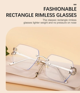 Detail of silver C-shape metal hinge on rimless sunglasses with pink leather case