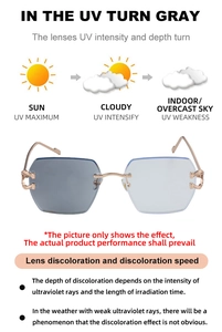 Detail of photochromic rimless lenses changing from blue to grey with gold metal temples