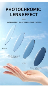 Detail of rimless photochromic lenses showing color gradient from clear to dark blue