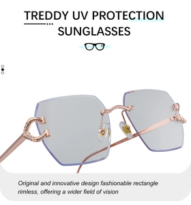 Detail of C-shaped rhinestone hinge on rimless sunglasses with UV protection lenses