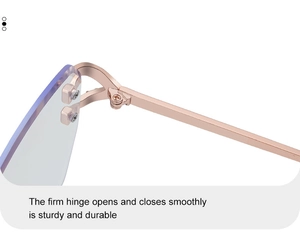 Detailed macro shot of firm hinges and diamond-cut edges on rimless sunglasses