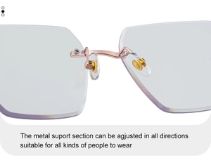 Macro view of adjustable metal nose pads and rose gold bridge on rimless sunglasses