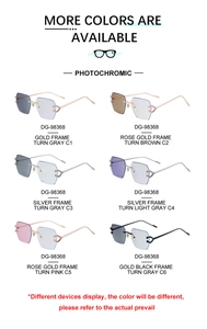 Detailed grid showing six color options for rimless photochromic transition sunglasses