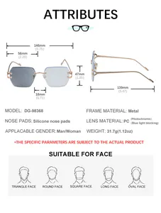 Detailed size chart for rimless photochromic sunglasses with metal frame and PC lenses