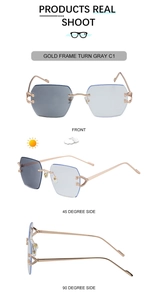 Detailed views of rimless sunglasses with gold metal temples and C-shaped crystal decor
