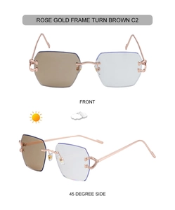 Macro detail of rimless color-changing sunglasses with C-shaped diamond-set metal hinges