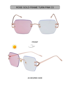 Detail view of rose gold rimless sunglasses with geometric lenses and crystal accents