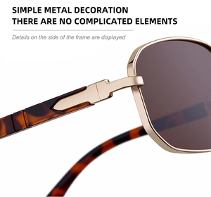 Close-up of golden metal hinge with arrow detail and tortoiseshell temple on square sunglasses