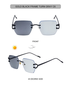 Detail of photochromic rimless geometric sunglasses transitioning from blue to gray