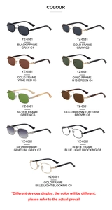 Detailed view of square metal frame sunglasses showing multiple lens and frame color options