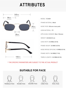 Detailed size specifications chart for square metal frame sunglasses with lens dimensions