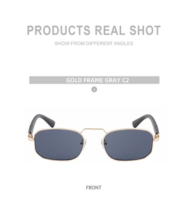 Front view of square vintage sunglasses with gold metal frame and dark gray lenses