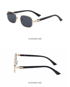 Detail view of square metal frames showing 45 and 90 degree side angles of sunglasses