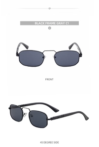 Detail view of square metal frame sunglasses in black finish with dark grey lenses