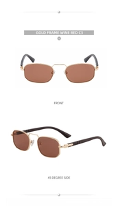 Front and side view of gold square metal frame sunglasses with wine red lenses