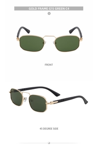 Front and 45-degree side view of gold metal square sunglasses with G15 green lenses