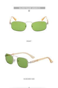 Front and 45-degree side views of silver metal square sunglasses with green lenses