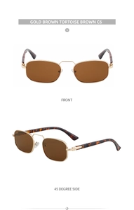 Front and side views of gold metal rectangle sunglasses with tortoise temple tips
