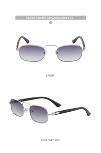 Front and side view of square metal frame sunglasses with gradient grey lenses