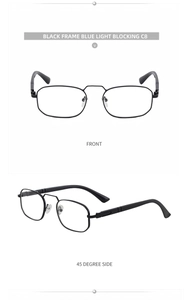 Close-up of black square metal frames and blue light blocking lenses from two angles