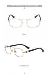 Detail view of square metal frames with anti-blue light lenses and black temple tips