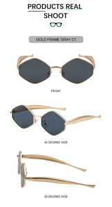 Vues détaillées de lunettes de soleil polygonales dorées avec verres gris