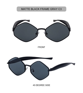 Vues de face et de profil de lunettes de soleil polygonales noir mat à verres gris