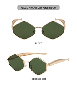 Vues détaillées de lunettes de soleil polygonales en métal doré avec verres verts G15