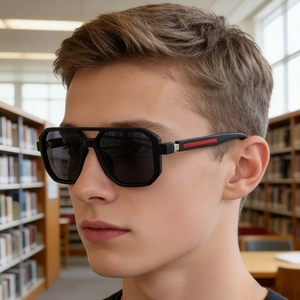 Détail des lunettes de soleil carrées montrant la monture noire et les branches rouges
