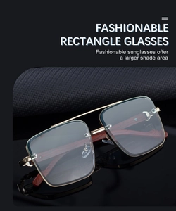 Detail of square rectangle sunglasses with metal double bridge and wood grain temples